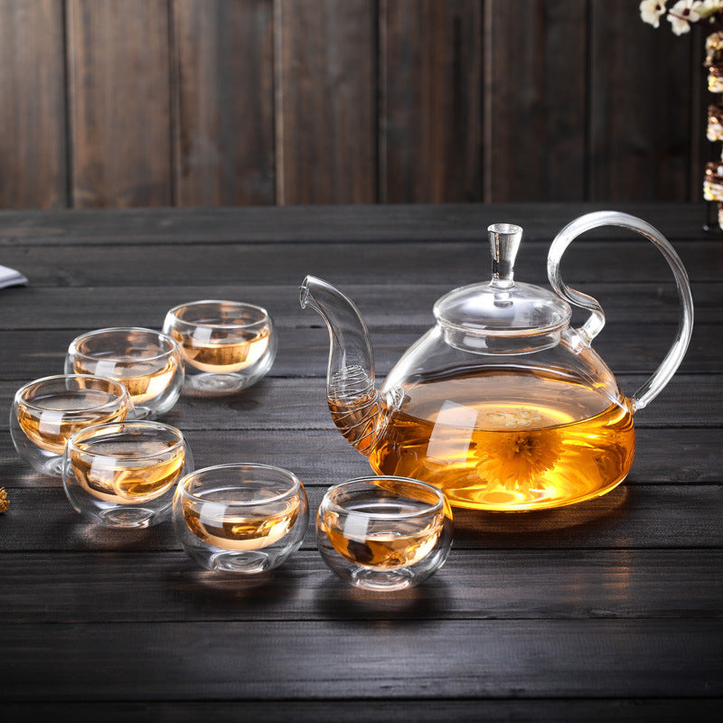 Glass Tea Set Suit With Tea Tray Kung Fu Tea Set High Temperature Resistant Glass Teapot Heart-shaped Candlestick Tea Set