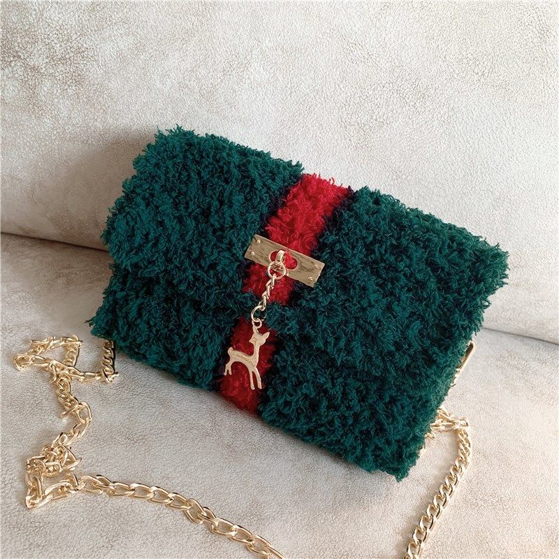 Hand-Woven Fleece Line Grid Homemade Diy Material Bag Plush One-Shoulder Messenger Bag