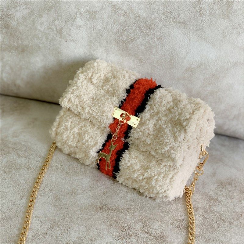 Hand-Woven Fleece Line Grid Homemade Diy Material Bag Plush One-Shoulder Messenger Bag