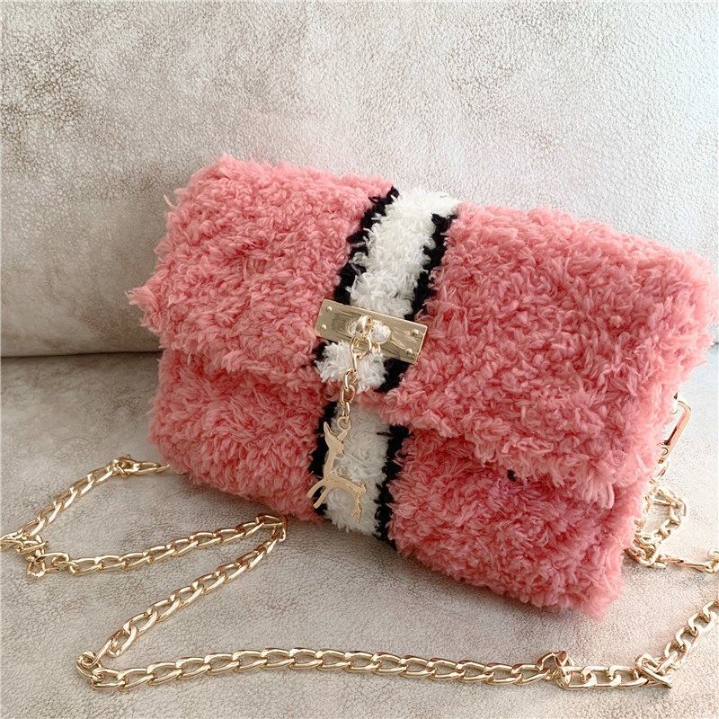 Hand-Woven Fleece Line Grid Homemade Diy Material Bag Plush One-Shoulder Messenger Bag