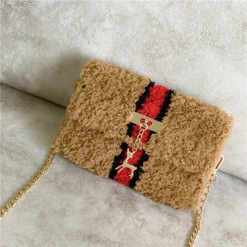 Hand-Woven Fleece Line Grid Homemade Diy Material Bag Plush One-Shoulder Messenger Bag