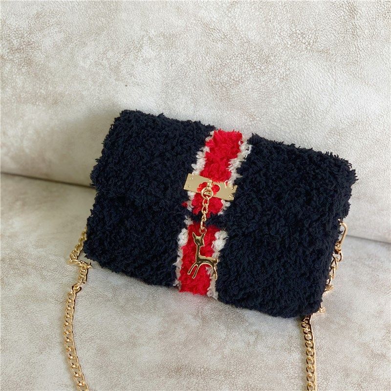 Hand-Woven Fleece Line Grid Homemade Diy Material Bag Plush One-Shoulder Messenger Bag