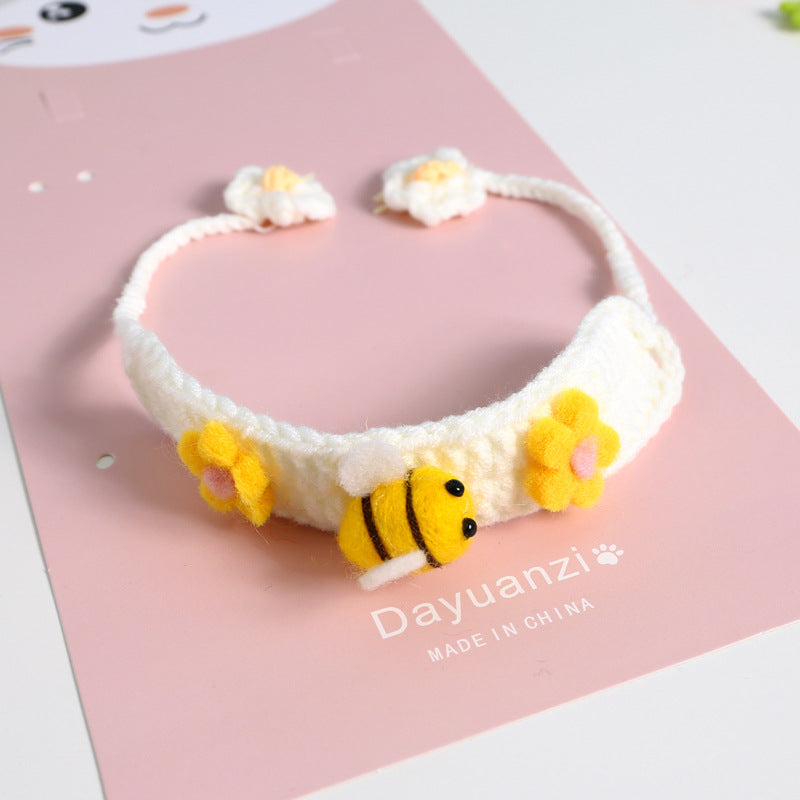 Pet Knitted Wool Felt Daisy Flower Bee Pumpkin Fruit Strap Cute Cat Collar Customization