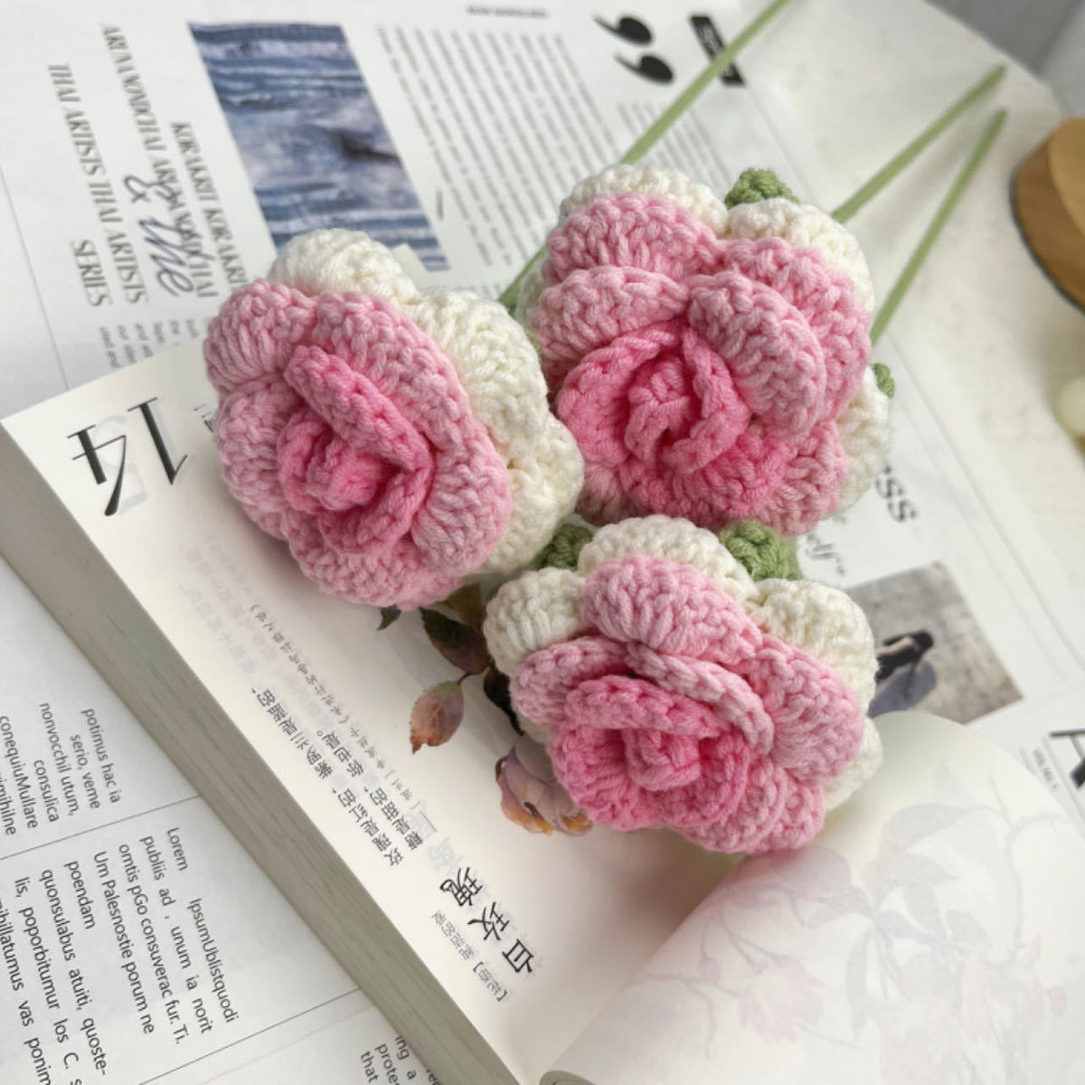 Overturn Pointed Rose Wool Hand-woven Flower Finished Product