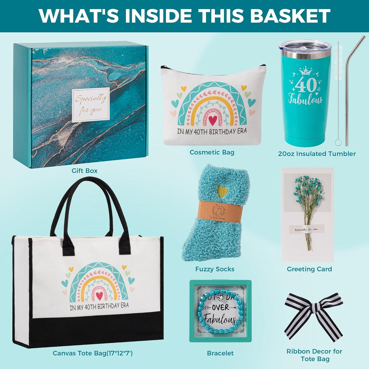 40th Birthday Gifts for Women,Happy BD Box for Her,Tuning 40 Year Old Gifts Basket,Unique Canvas Tote Bag Bday Presents Set Ideas for Daughter Best Friend Sister Wife Mom Female