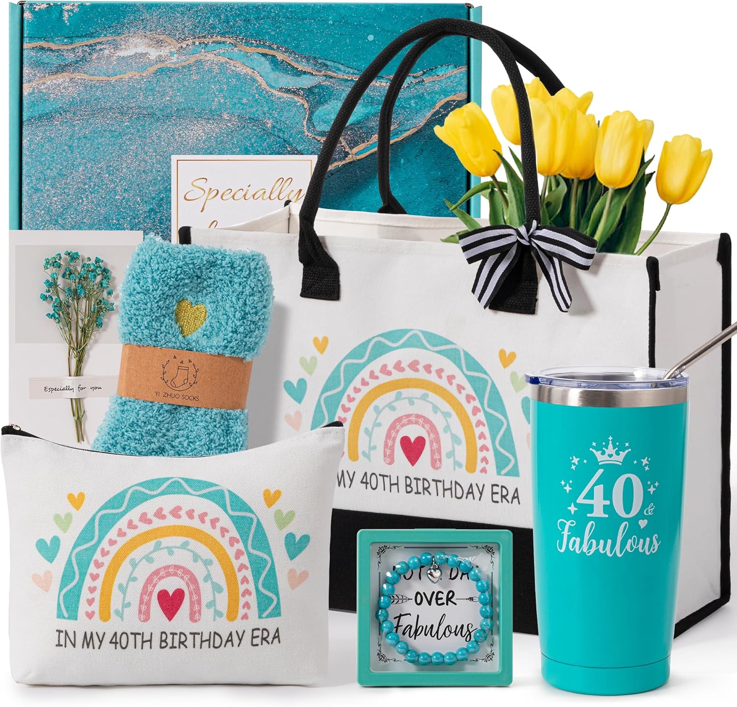 40th Birthday Gifts for Women,Happy BD Box for Her,Tuning 40 Year Old Gifts Basket,Unique Canvas Tote Bag Bday Presents Set Ideas for Daughter Best Friend Sister Wife Mom Female