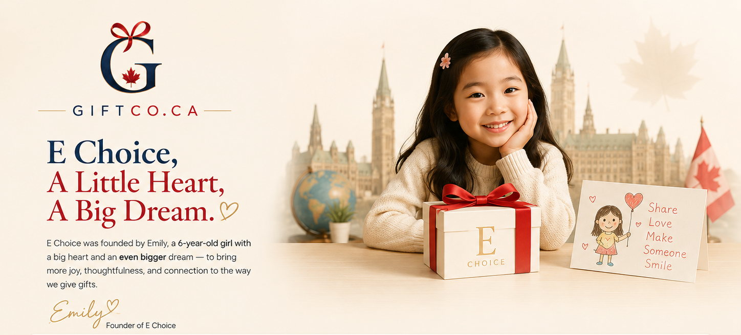 Advertisement for E Choice, a gift company with a young girl and a gift box in front of a cityscape.