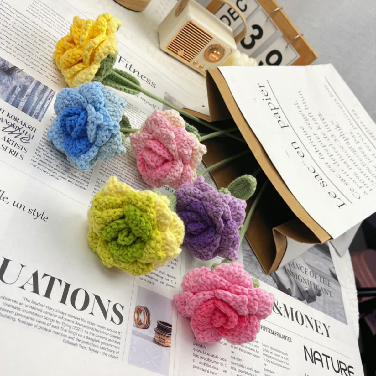 Overturn Pointed Rose Wool Hand-woven Flower Finished Product